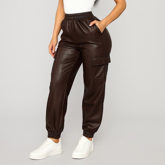 Pants - Women's Faux Leather Cargo Jogger Pants, High Waisted with Elastic Waistband and